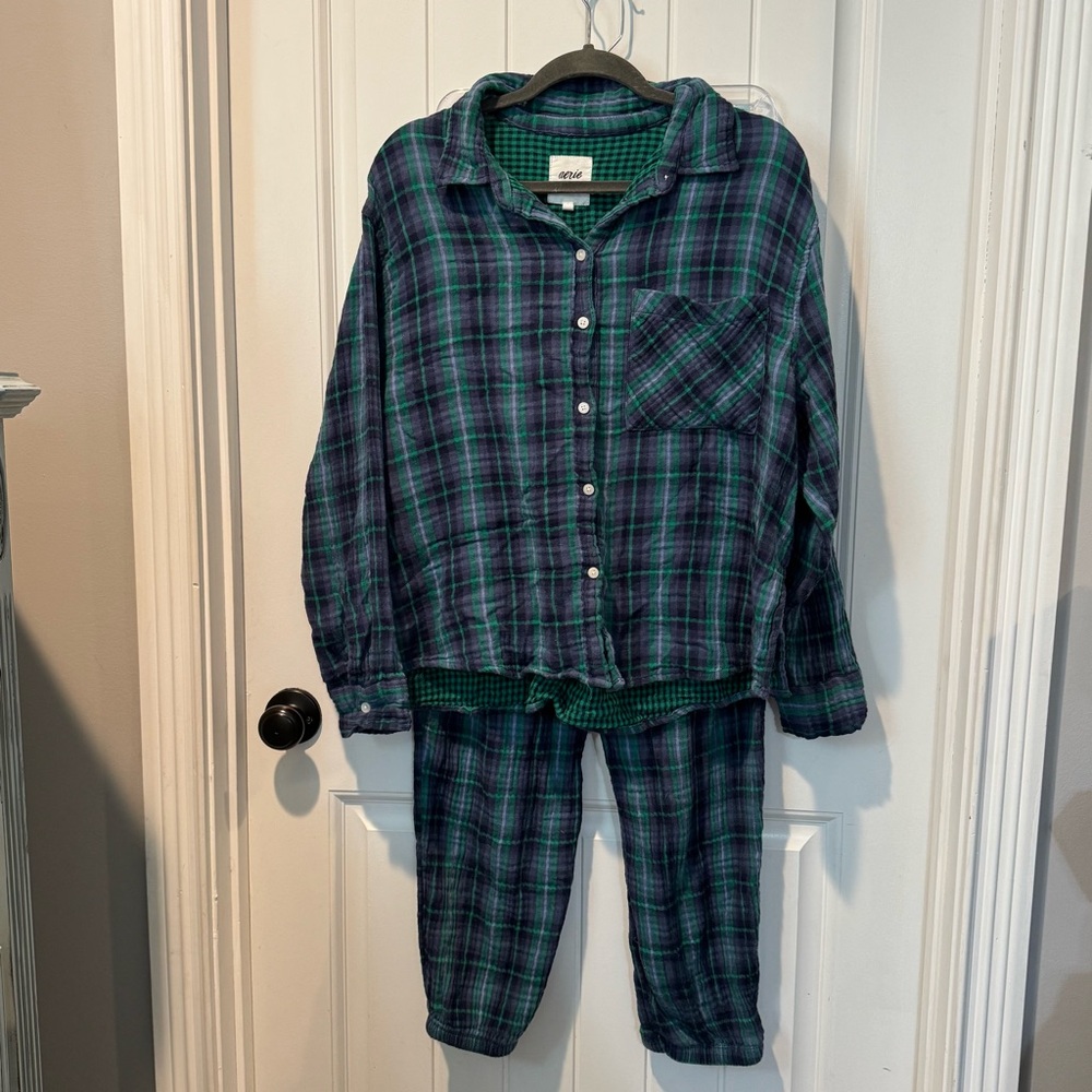 Aerie Soft Gauze Plaid Pajama Set - Blue and Green